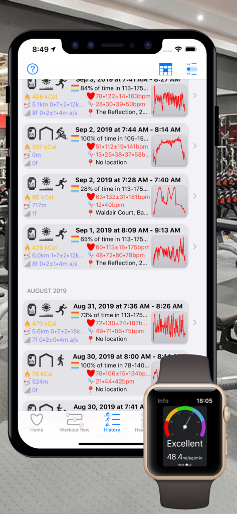 Cardio Zones app history screen and VO2 max monitoring on Apple Watch