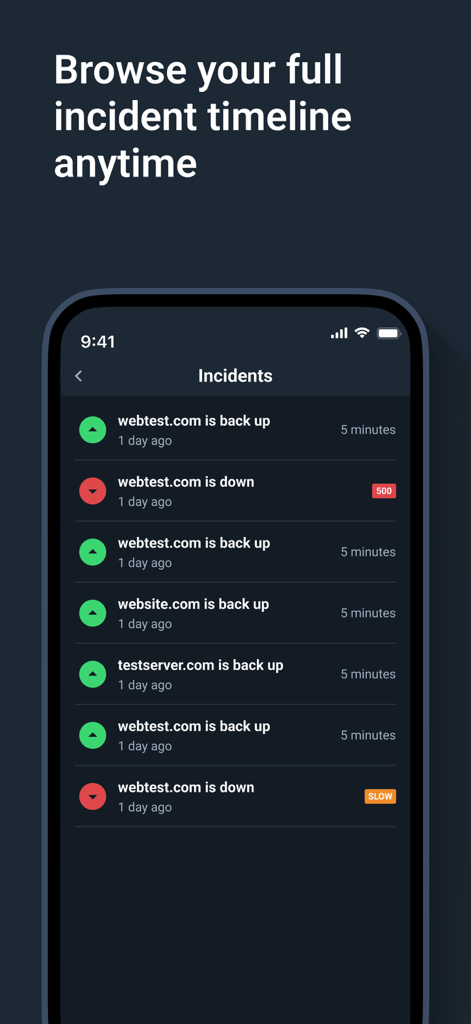 Application mobile UptimeRobot montrant une chronologie détaillée des incidents d'indisponibilité et de disponibilité du site Web