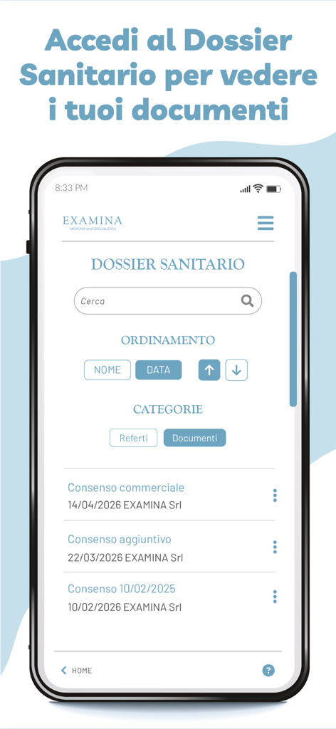 My Examina - Oberfläche der My Examina App, die den Bildschirm für elektronische Gesundheitsakten mit einer Liste von Dokumenten und Suchoptionen anzeigt