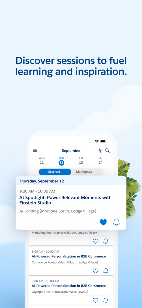 Interface de l'application Salesforce Events montrant une liste de sessions professionnelles et les programmes d'événements.