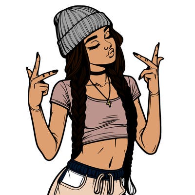 realistic teenage girl with braids and a beanie and crop top doing 🫶🏼