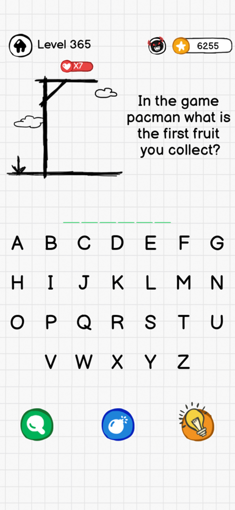 Gameplay screen of Hangman Words showing a trivia question about Pac-man and an alphabet keyboard