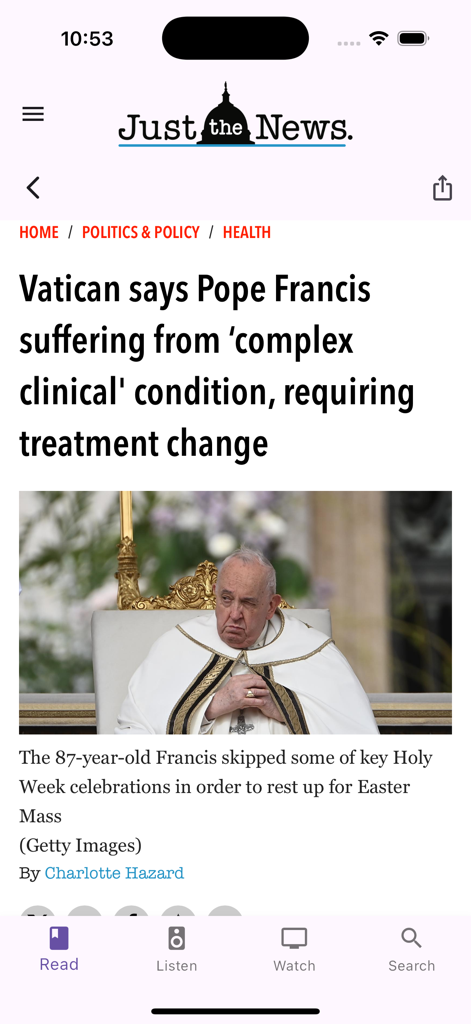 Just the News mobile app interface displaying a news article about Pope Francis with navigation icons for read listen watch and search