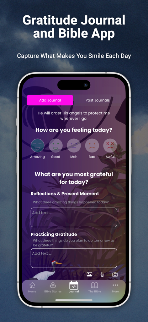 Gratitude - Christian Journal - Interfaz de la aplicación Gratitud Christian Journal que muestra el seguimiento del estado de ánimo y las indicaciones de reflexión diaria.