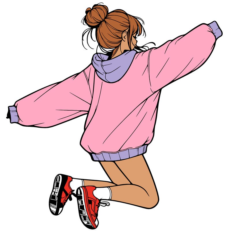 realistic girl jumping with a bun and oversized sweatshirt