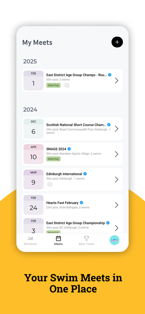 Swimpion: Swimming App - The Swimpion app interface displaying a chronological list of competitive swim meets