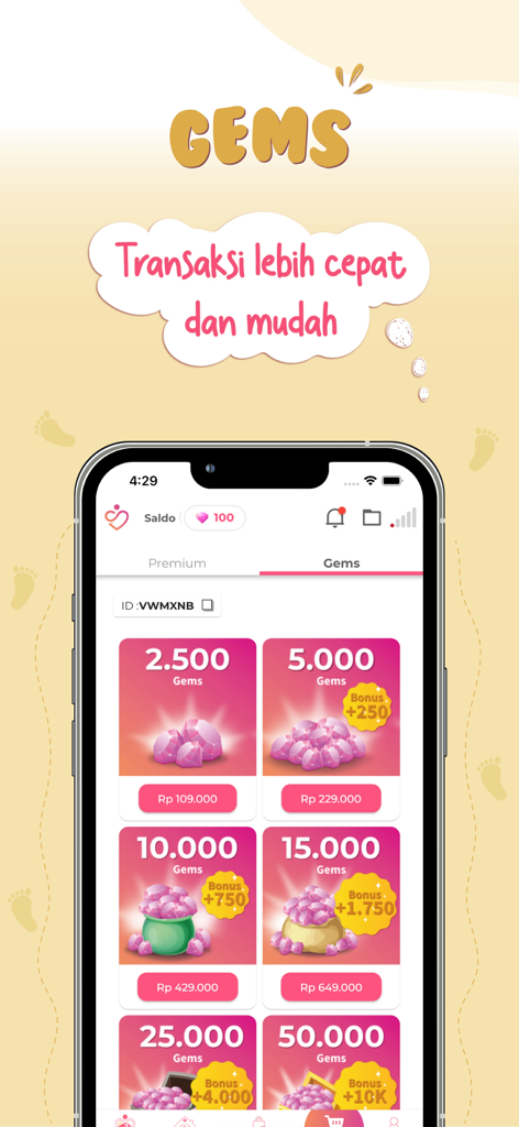 Mamalyfe app screen for purchasing gems with various package options and bonus offers