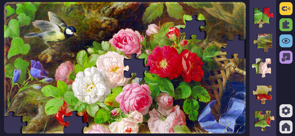 Relax Jigsaw Puzzle for Adults - Tela de jogo de um aplicativo de quebra-cabeça apresentando uma pintura de pássaro e flores.
