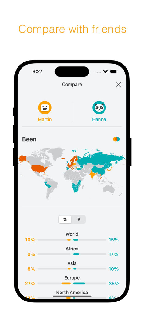 been - Interfaccia dell'app been che mostra una mappa di viaggio e il confronto delle statistiche tra due amici.