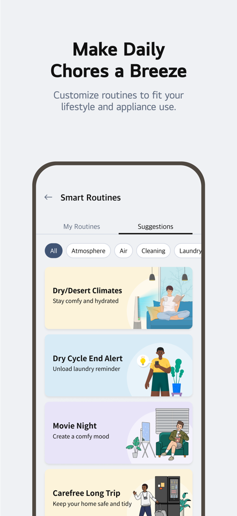 LG ThinQ 앱의 인터페이스로 자동화된 홈 관리를 위한 스마트 루틴 제안을 표시합니다.