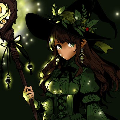 a realistic fantasy manga witch with a staff