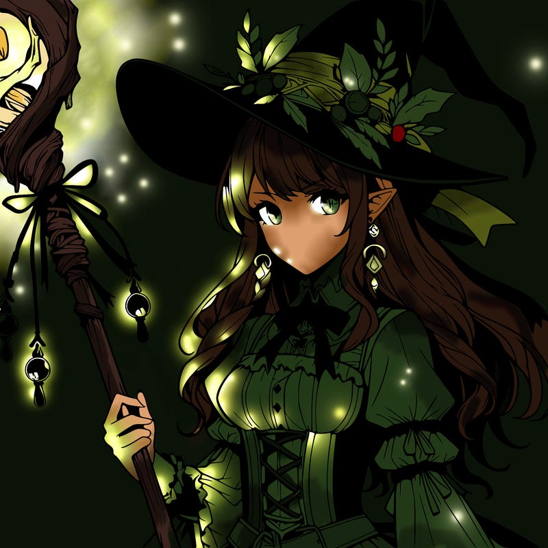 a realistic fantasy manga witch with a staff