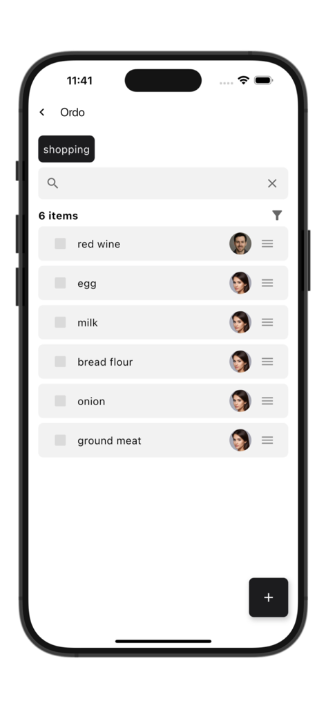 A minimalist shared shopping list in the Ordo app showing assigned tasks for a team or family.