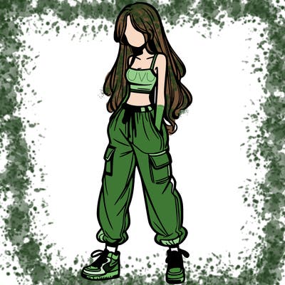 girl in baggy pants crop top and long hair