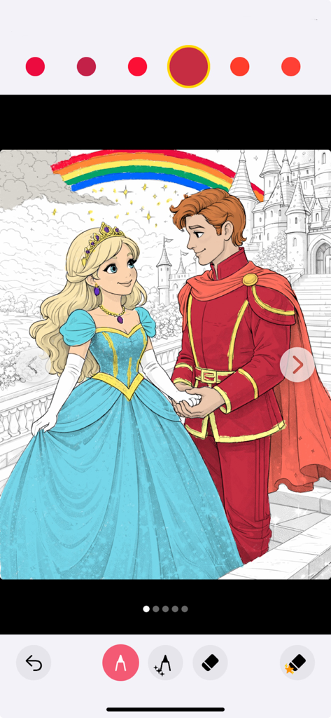 KidsFun Coloring Books - 虹を背景に城の前にいるお姫様と王子様を描いたデジタルお絵かき帳のページ