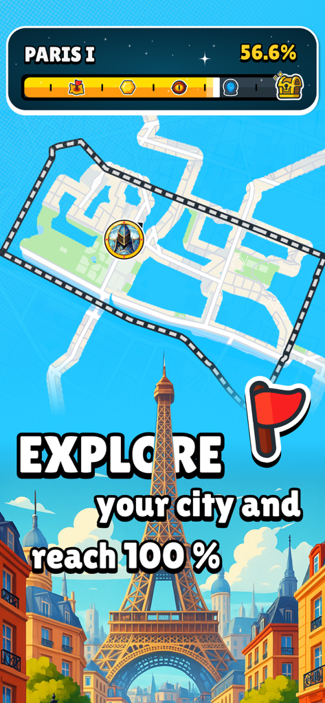 MysteryHike app screen showing exploration progress of a city fragment in Paris with a 100 percent goal