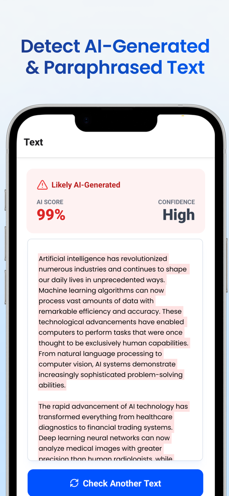 TruthScan mobile app interface showing a 99 percent AI score for detected text