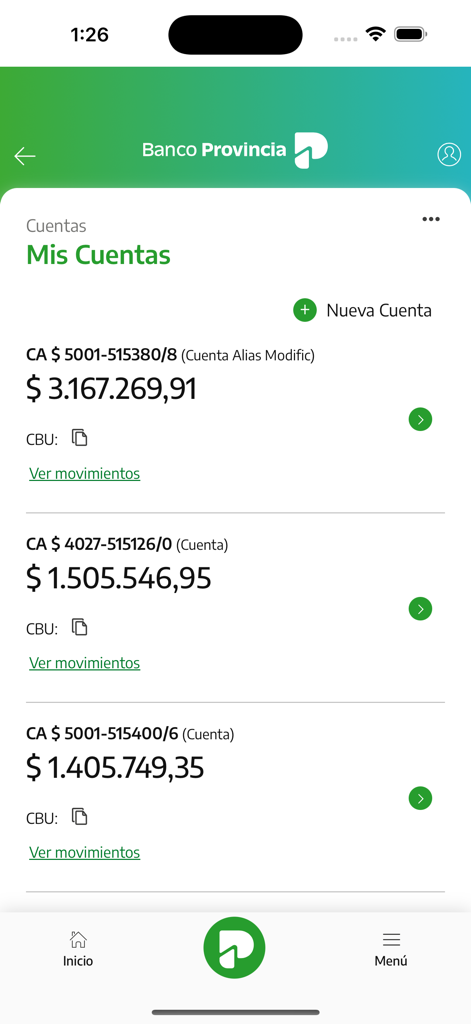 BIP Móvil - Interfaz de la aplicación BIP Movil mostrando saldos de cuentas y detalles de transacciones para múltiples cuentas bancarias