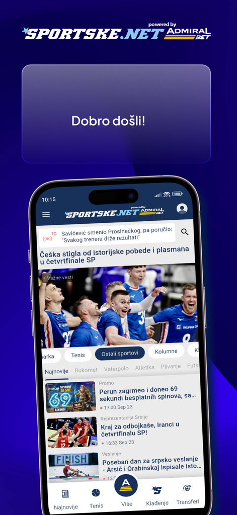Sportske.net - Sportske.net mobile app display showing various sports news articles in Serbian
