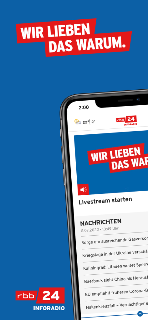 rbb24 Inforadio - rbb24 Inforadio mobile app showing German news headlines and a live radio stream button