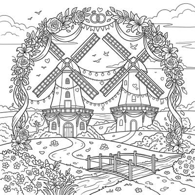 Step into a whimsical world where classic grain windmills celebrate love! This charming coloring page features two beautifully decorated windmills set in an idyllic landscape, perfect for a romantic coloring escape.
