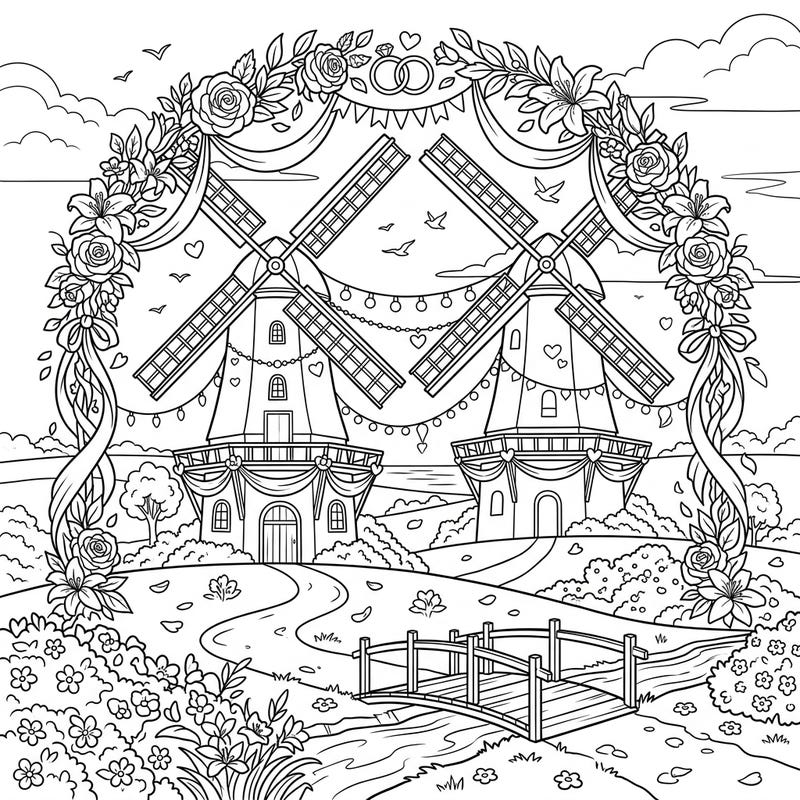Step into a whimsical world where classic grain windmills celebrate love! This charming coloring page features two beautifully decorated windmills set in an idyllic landscape, perfect for a romantic coloring escape.