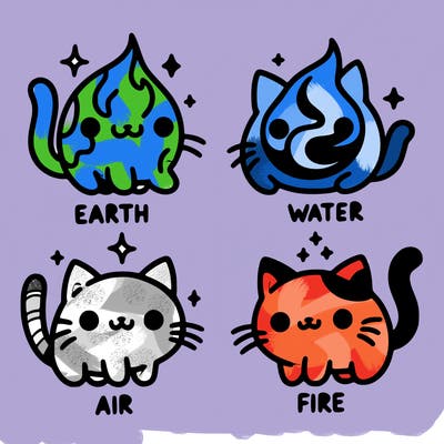 4 cats that represent the different elements, earth, water, air, and fire
