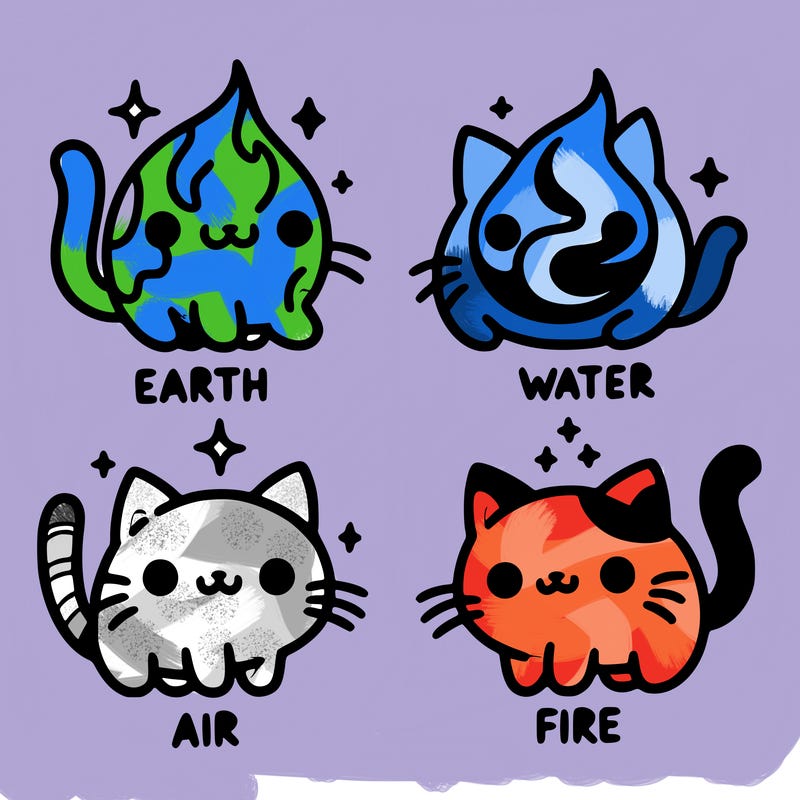 4 cats that represent the different elements, earth, water, air, and fire