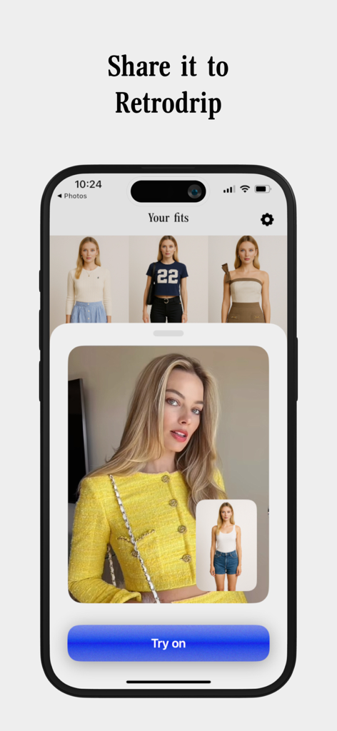 Retrodrip: Try-on screenshots - Interface of the Retrodrip app showing a virtual try on feature with a yellow tweed jacket screenshot.