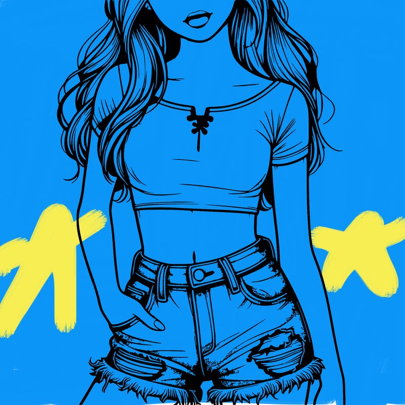 realistic girl with a crop top and ripped jean shorts