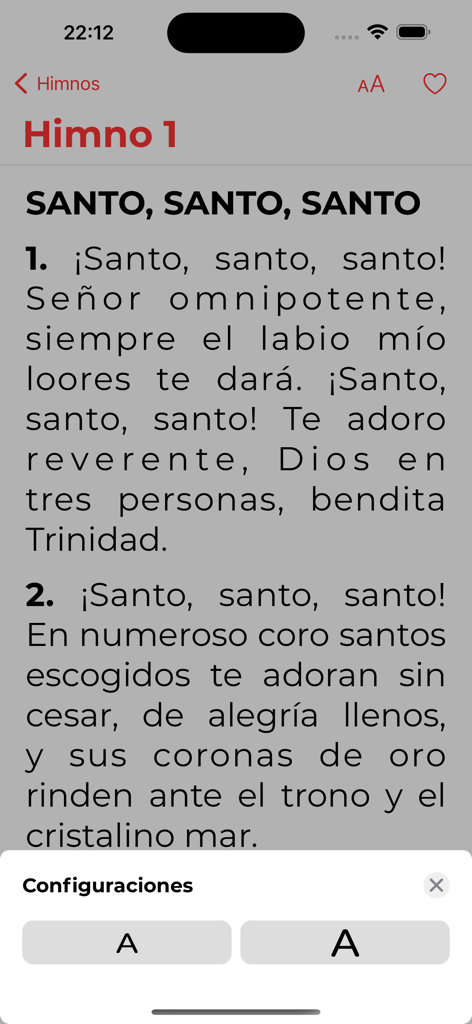 Himnario Bautista X - Himnario Bautista X app screen showing Spanish hymn lyrics and font size settings