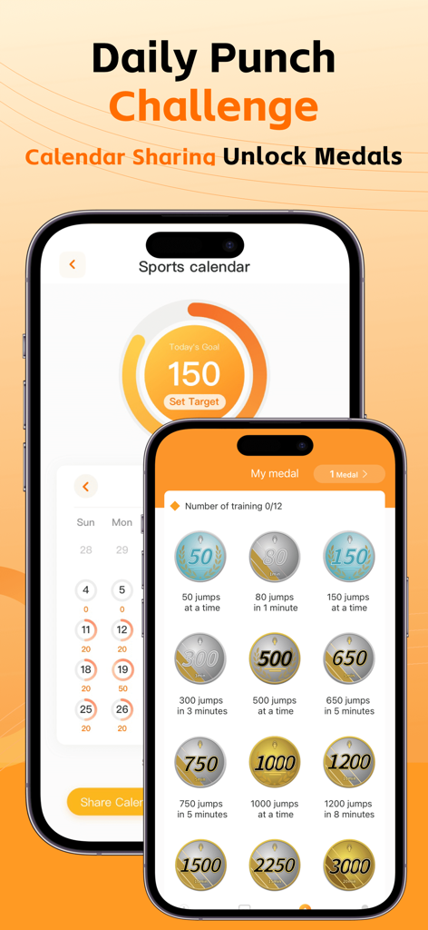 Jump Rope Counter - AI Counter - Jump Rope Counter app interface showing a sports calendar and unlockable achievement medals