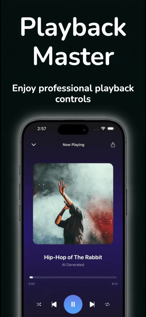 Musicra : AI Song Generator - Musicra app interface displaying professional music playback controls for an AI generated song
