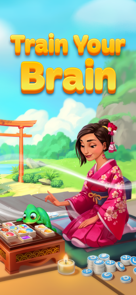 Woman in floral kimono playing a tile matching puzzle in a zen garden with Train Your Brain text