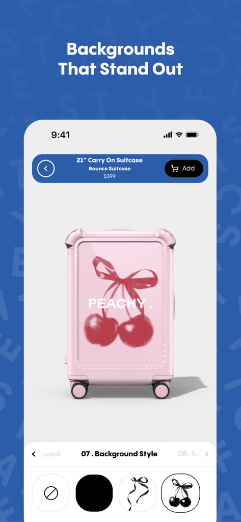 CASETiFY - Interface de l'application CASETiFY montrant une valise cabine rose personnalisée avec un motif cerise et différentes options de style d'arrière-plan.