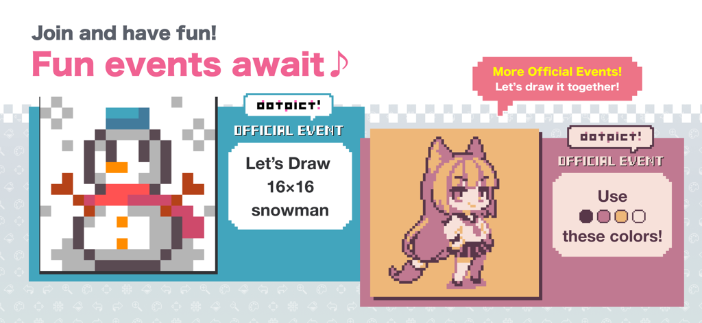 dotpict - A promotional graphic for dotpict app showcasing community drawing events for pixel art including a snowman challenge and color palette themes