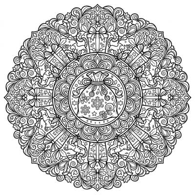 Dive into festive creativity with this intricate Gift Sack Mandala coloring page designed specifically for teens. Explore a world of holiday cheer with detailed patterns and delightful seasonal motifs waiting for your artistic touch.