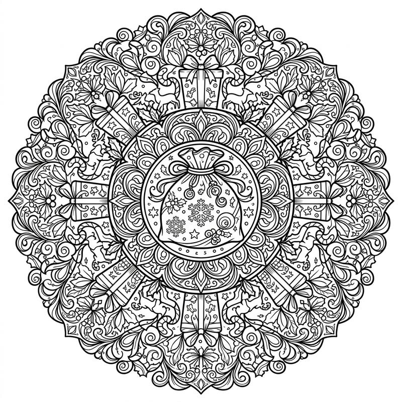 Dive into festive creativity with this intricate Gift Sack Mandala coloring page designed specifically for teens. Explore a world of holiday cheer with detailed patterns and delightful seasonal motifs waiting for your artistic touch.