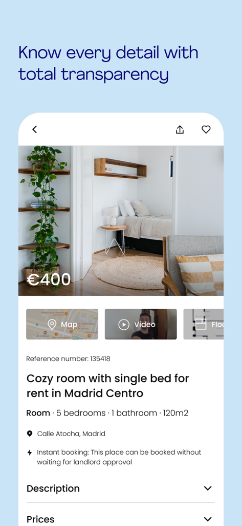 Spotahome: Apartments & rooms - Spotahome app interface showing a 400 euro room for rent in Madrid with options for virtual video tours and floor plans