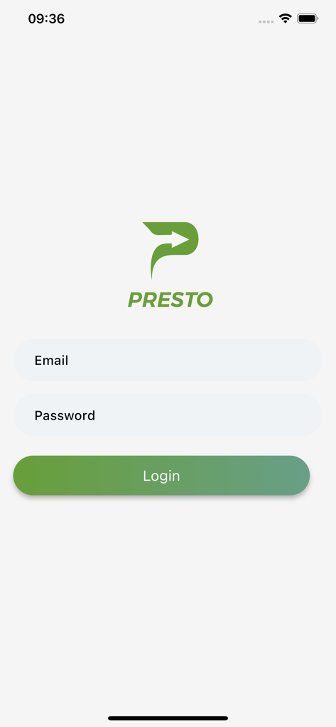 Pantalla de inicio de sesión para la aplicación PRDelivery con campos de correo electrónico y contraseña