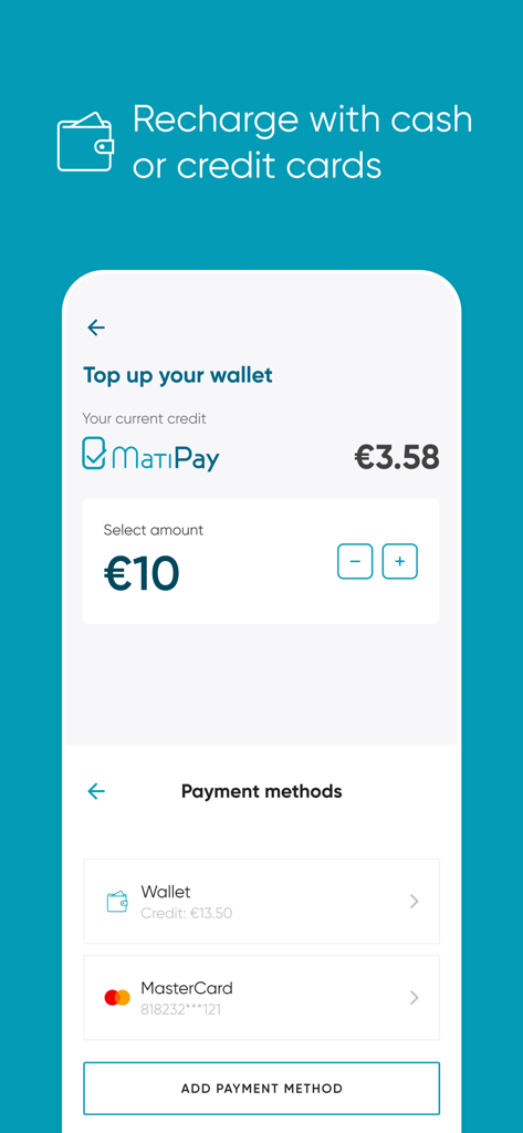 MatiPay app screen showing the option to top up the virtual wallet with a credit card