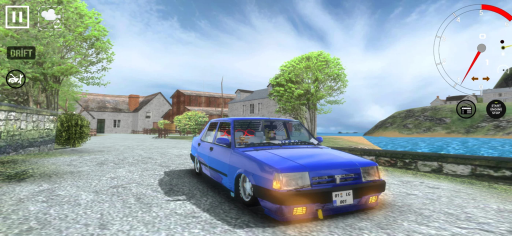 Modified blue Tofas Dogan car parked on a scenic road in the Dogan Simulator 2 mobile game