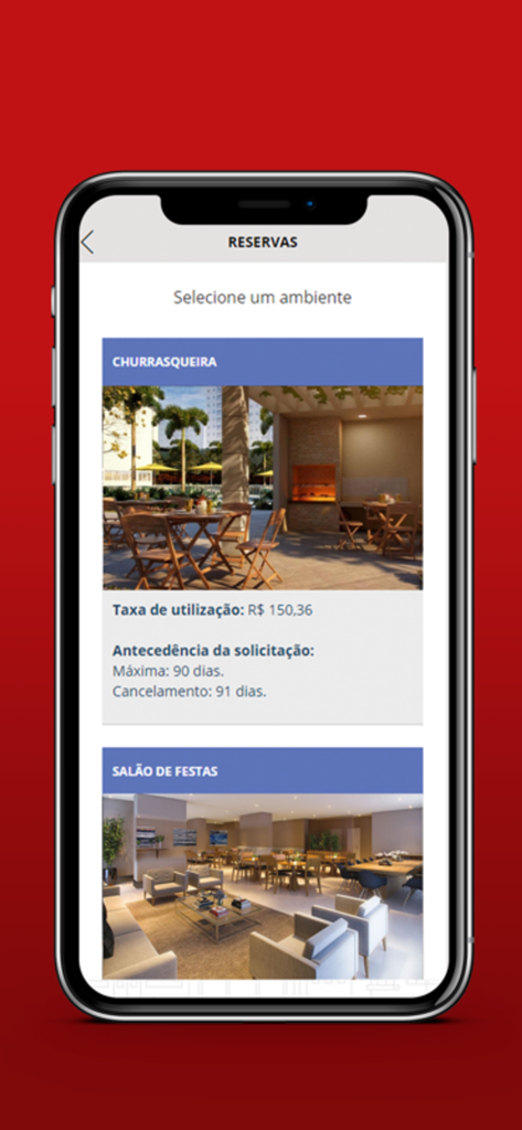 Manager Adm - Screenshot of the Manager Adm app showing options to reserve condo amenities such as the barbecue area and party room.