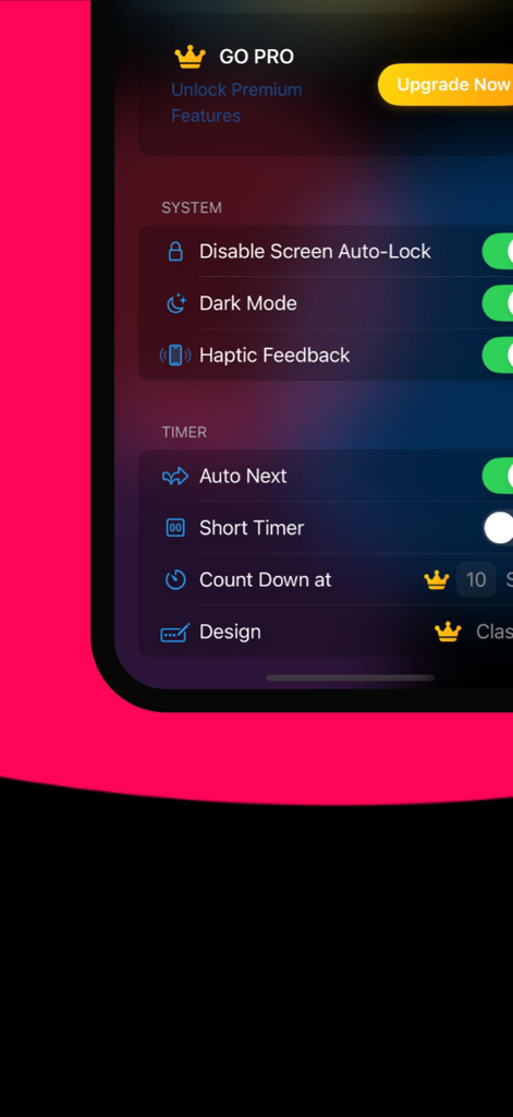 - Game Timer - - Settings screen of the Game Timer app showing system preferences and pro version upgrade options