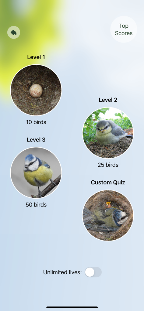 Chirp app quiz level selection screen featuring bird photos and difficulty levels