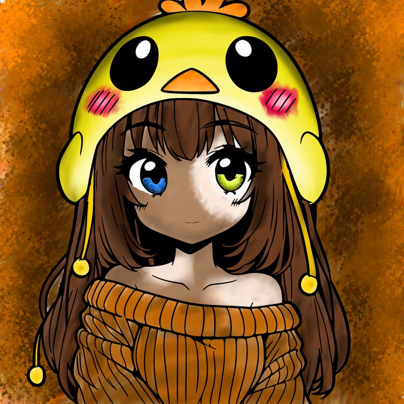 anime girl with chick shaped hat with sweater with bare shoulders with bangs covering them one eye with low tail