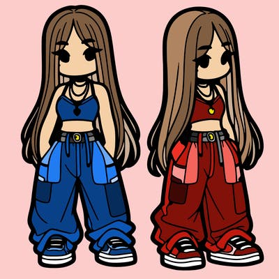 girl in baggy pants crop top and long hair