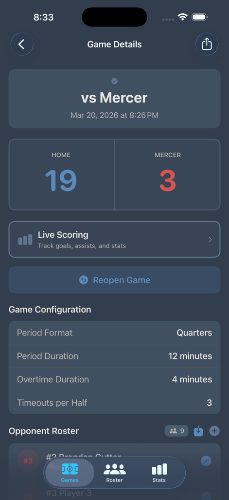 Lacrosse Scorekeeper app displaying game results and configuration settings.