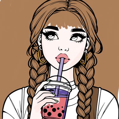 realistic girl with braided hair drinking boba