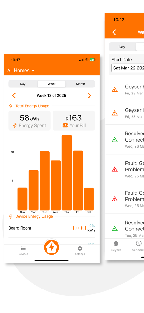 Sensor Connect app interface showing a weekly energy consumption bar chart and a list of system alerts.